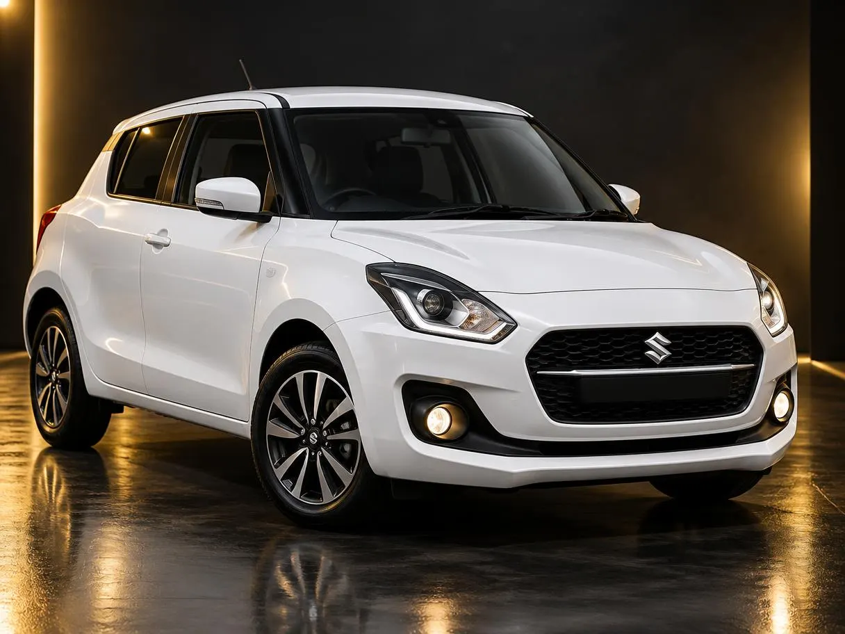 Studio view of a white Maruti Swift hatchback